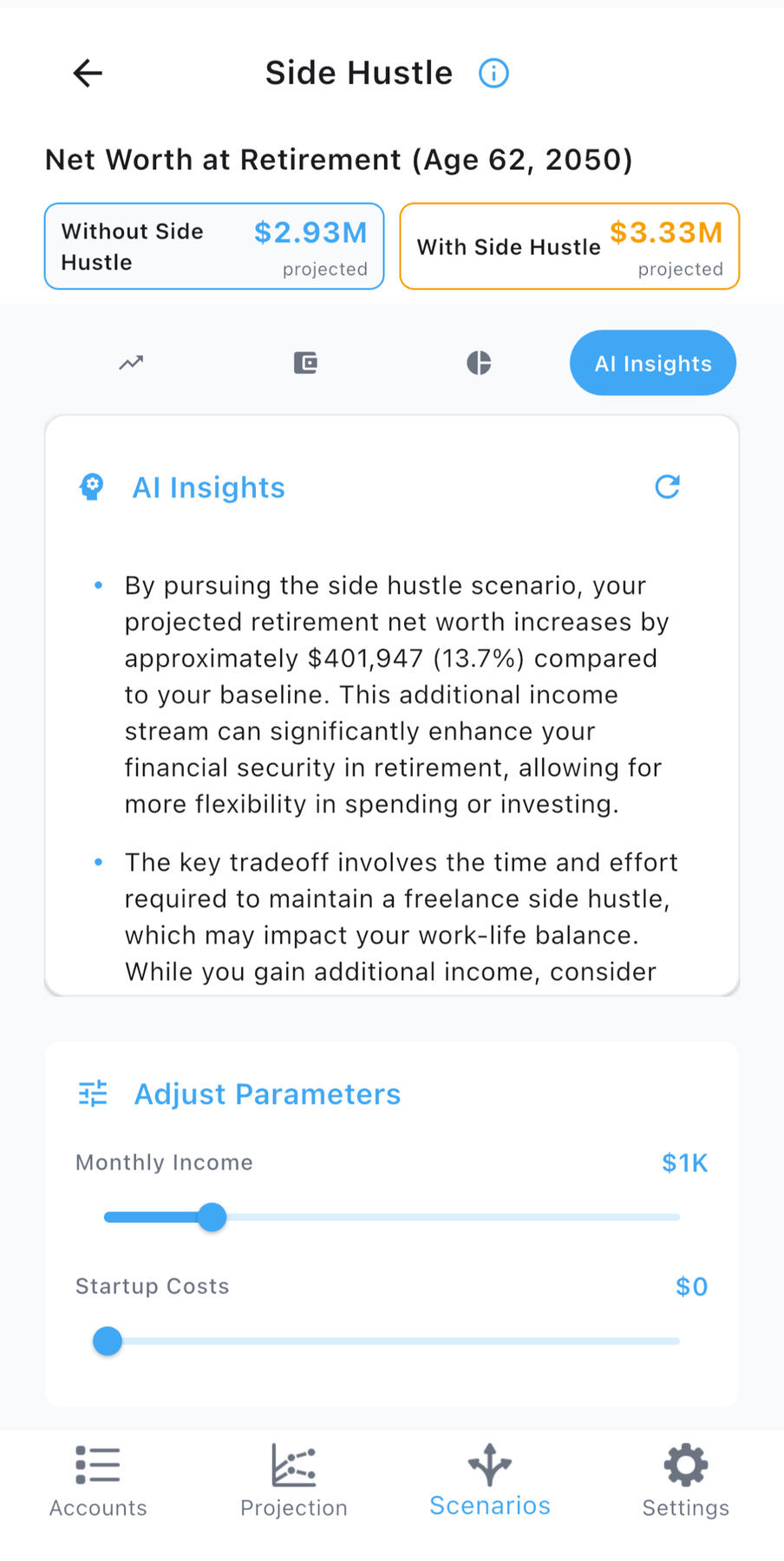 AI insights help interpret why your projections change.